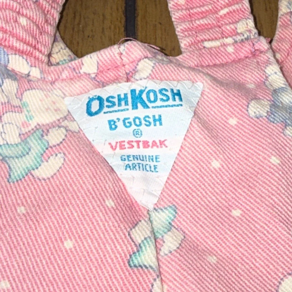 Vintage OshKosh Bgosh Pink Bunny Print Overalls Made in USA 18M Vestbak Denim
